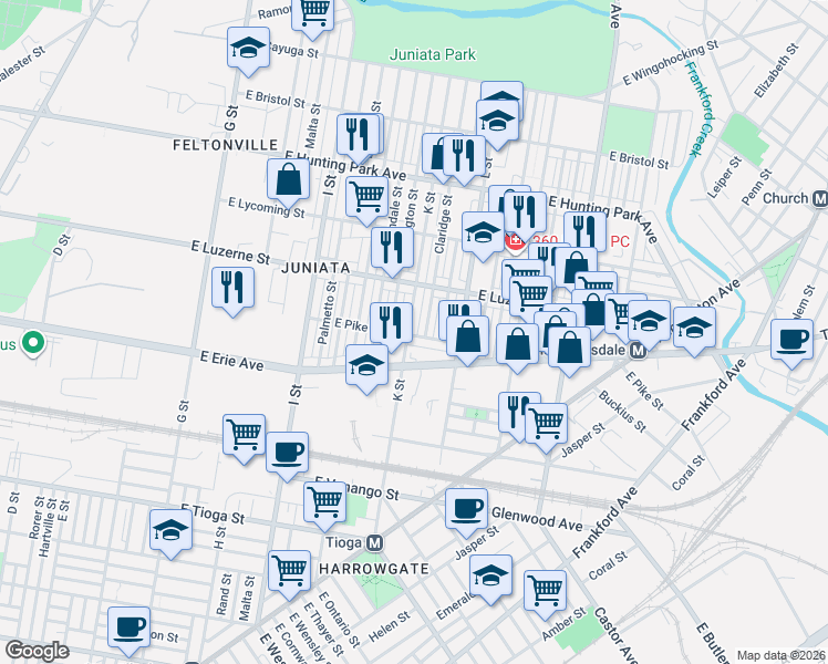 map of restaurants, bars, coffee shops, grocery stores, and more near 3901 K Street in Philadelphia