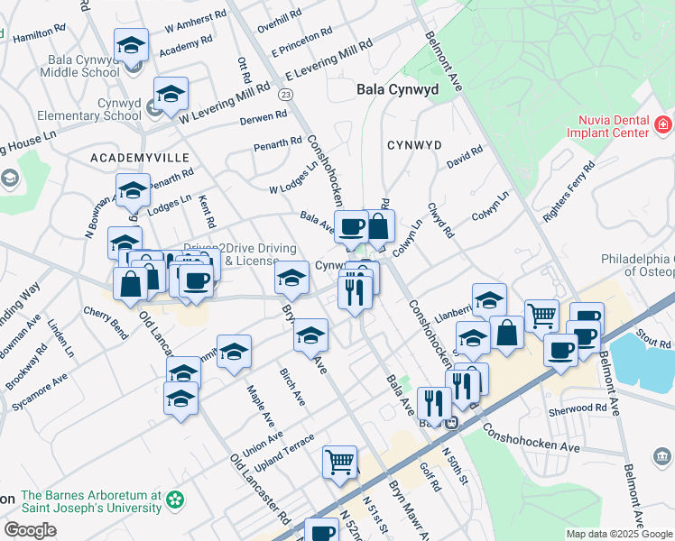 map of restaurants, bars, coffee shops, grocery stores, and more near 1 Montgomery Avenue in Bala Cynwyd