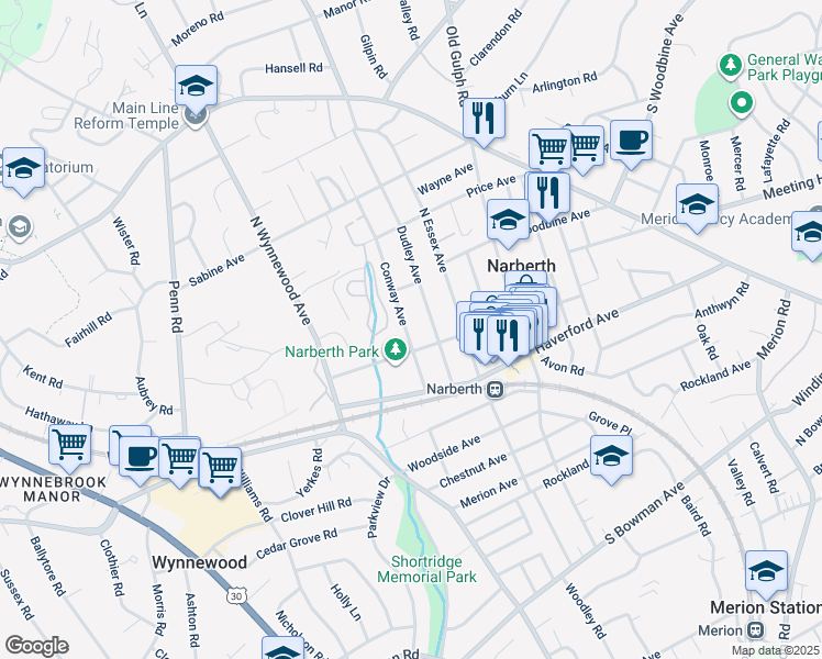 map of restaurants, bars, coffee shops, grocery stores, and more near 211 Conway Avenue in Narberth