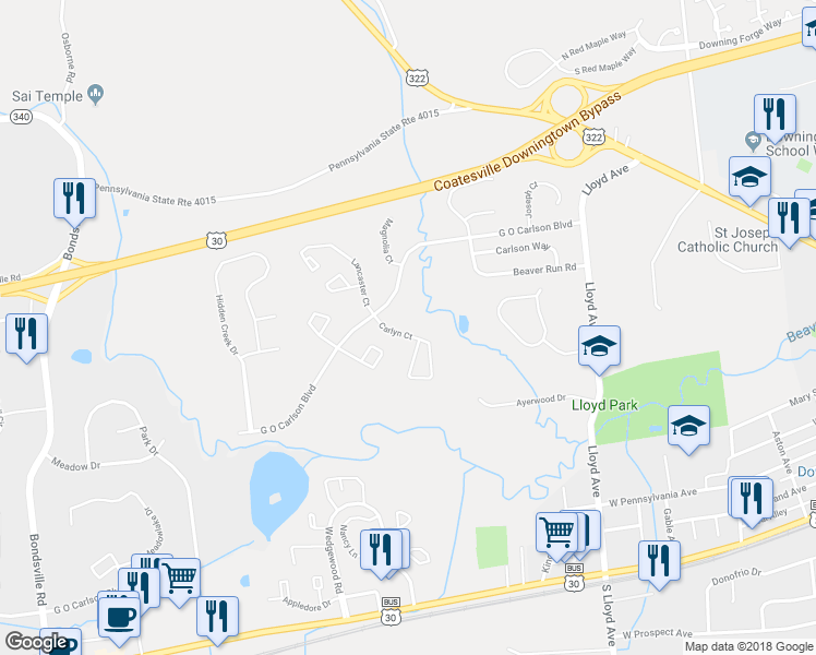 map of restaurants, bars, coffee shops, grocery stores, and more near 340 Carlyn Court in Downingtown