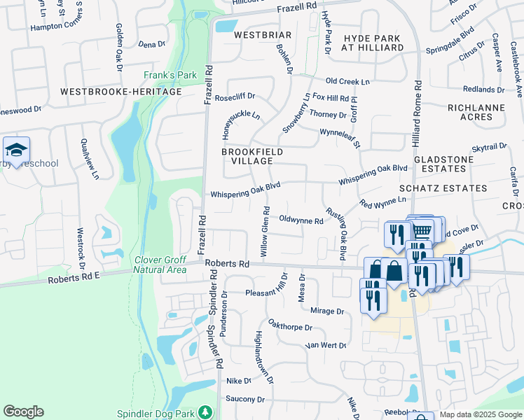 map of restaurants, bars, coffee shops, grocery stores, and more near 2709 Willow Glen Road in Hilliard