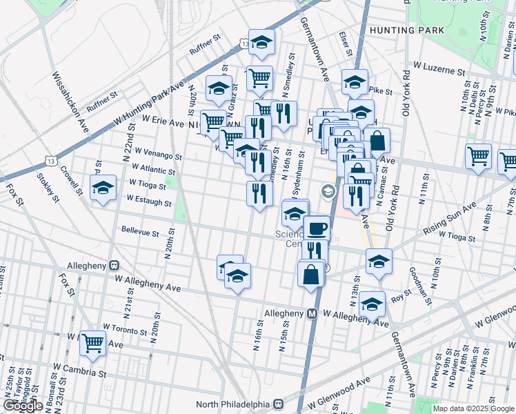 map of restaurants, bars, coffee shops, grocery stores, and more near 1614 West Tioga Street in Philadelphia