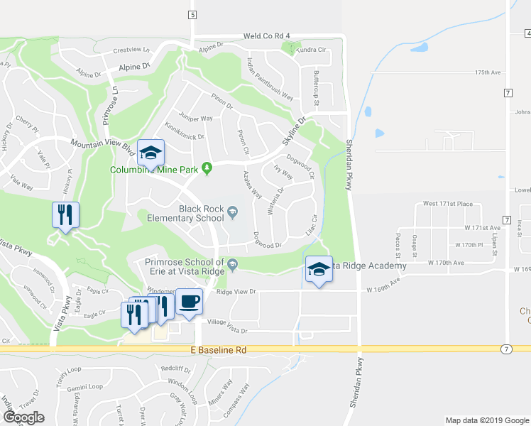 map of restaurants, bars, coffee shops, grocery stores, and more near 2570 Wisteria Drive in Erie
