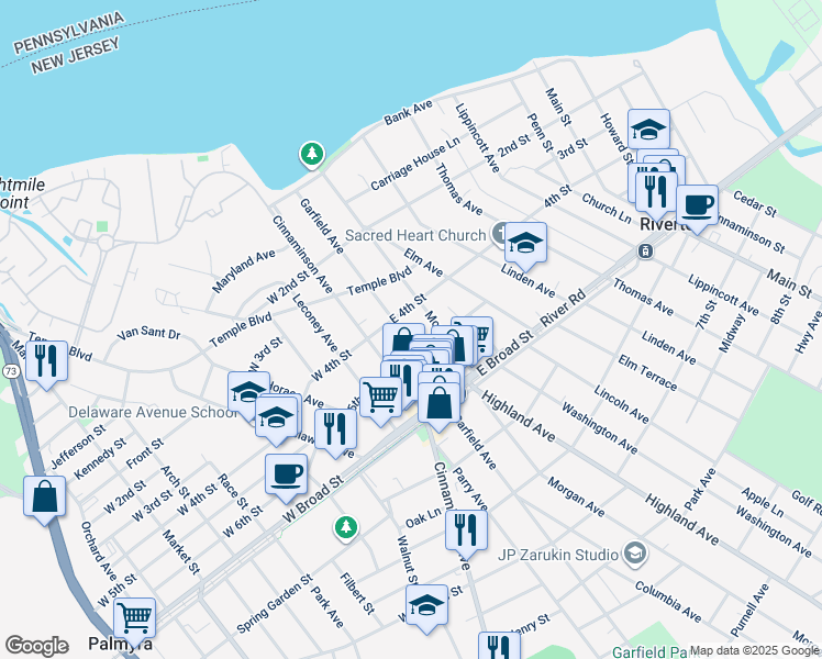 map of restaurants, bars, coffee shops, grocery stores, and more near 412 Garfield Avenue in Palmyra