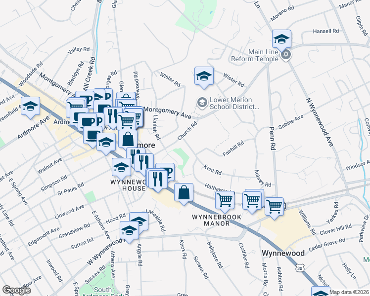 map of restaurants, bars, coffee shops, grocery stores, and more near 213 Church Road in Ardmore