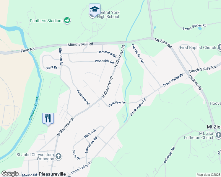 map of restaurants, bars, coffee shops, grocery stores, and more near 2753 North Sherman Street in York