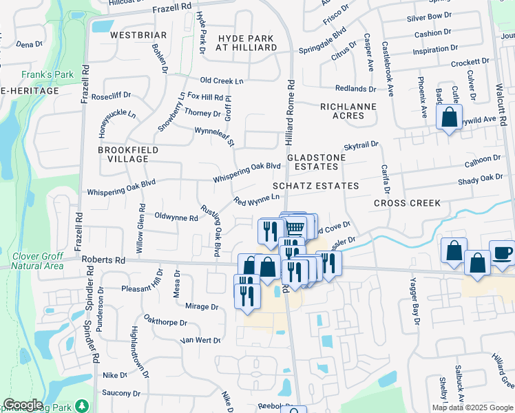 map of restaurants, bars, coffee shops, grocery stores, and more near 5385 Red Wynne Lane in Hilliard