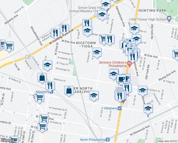 map of restaurants, bars, coffee shops, grocery stores, and more near 3442 North 18th Street in Philadelphia