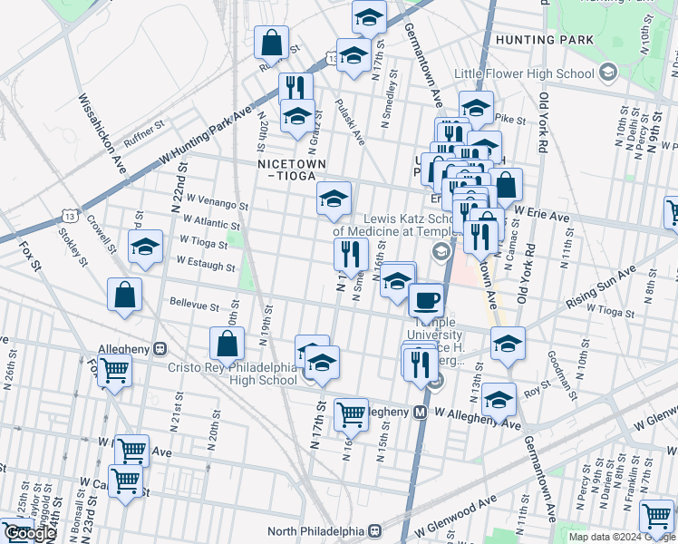 map of restaurants, bars, coffee shops, grocery stores, and more near 1700-6 West Tioga Street in Philadelphia