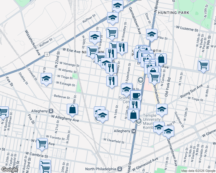 map of restaurants, bars, coffee shops, grocery stores, and more near 1700 West Tioga Street in Philadelphia