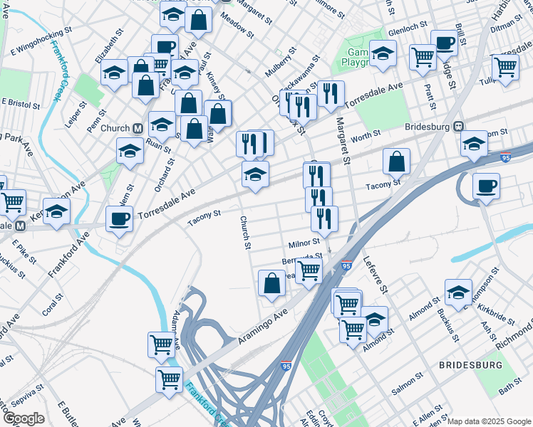 map of restaurants, bars, coffee shops, grocery stores, and more near 4341 Tacony Street in Philadelphia