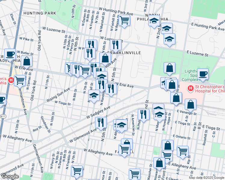 map of restaurants, bars, coffee shops, grocery stores, and more near 3651 North 5th Street in Philadelphia