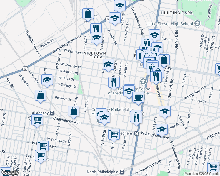 map of restaurants, bars, coffee shops, grocery stores, and more near 1712 West Tioga Street in Philadelphia