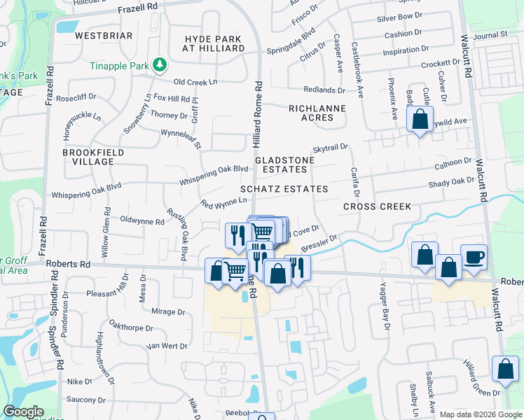 map of restaurants, bars, coffee shops, grocery stores, and more near 5445 Schatz Lane in Hilliard