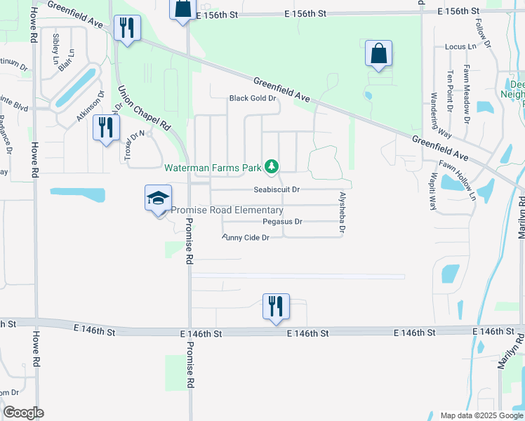 map of restaurants, bars, coffee shops, grocery stores, and more near 11293 Lucky Dan Drive in Noblesville