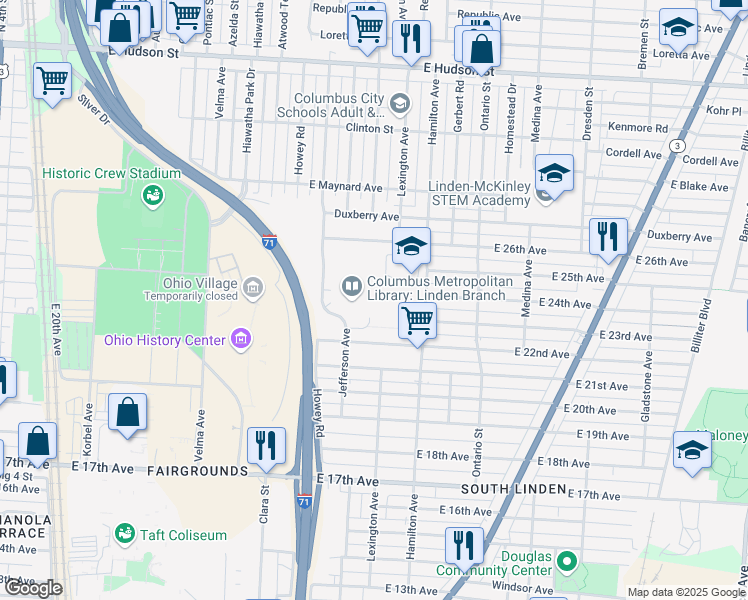 map of restaurants, bars, coffee shops, grocery stores, and more near 2001 Hamilton Avenue in Columbus