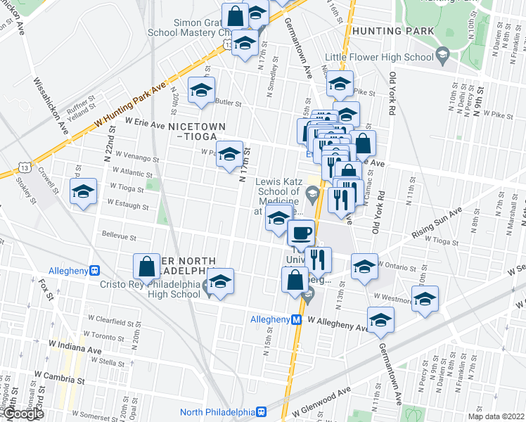 map of restaurants, bars, coffee shops, grocery stores, and more near N 16th St & W Tioga St in Philadelphia