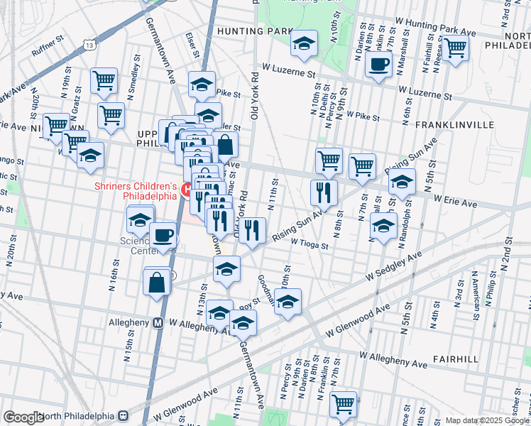 map of restaurants, bars, coffee shops, grocery stores, and more near 3546 North 11th Street in Philadelphia