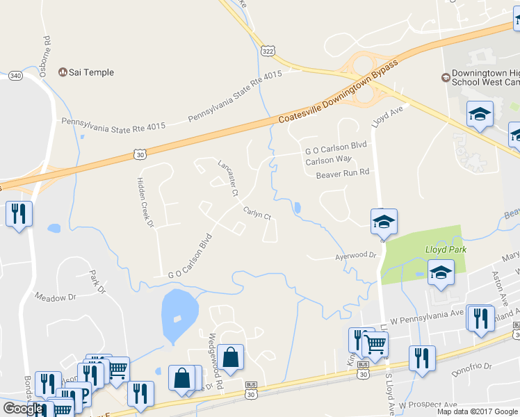 map of restaurants, bars, coffee shops, grocery stores, and more near 344 Carlyn Court in Downingtown