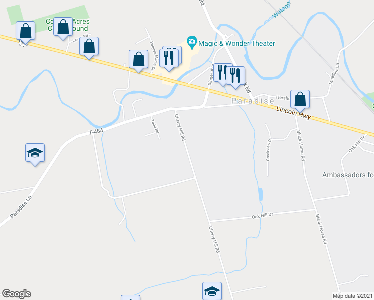 map of restaurants, bars, coffee shops, grocery stores, and more near 25 Cherry Hill Road in Ronks