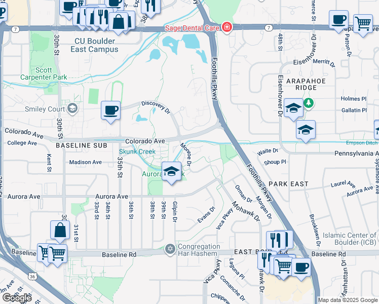 map of restaurants, bars, coffee shops, grocery stores, and more near 1141 Monroe Drive in Boulder