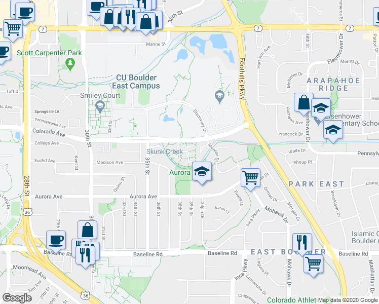map of restaurants, bars, coffee shops, grocery stores, and more near 3950 Colorado Avenue in Boulder