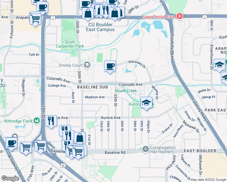 map of restaurants, bars, coffee shops, grocery stores, and more near 1135 35th Street in Boulder