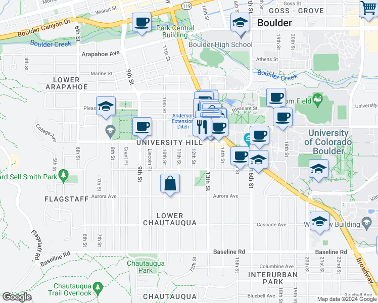 map of restaurants, bars, coffee shops, grocery stores, and more near 1053 12th Street in Boulder