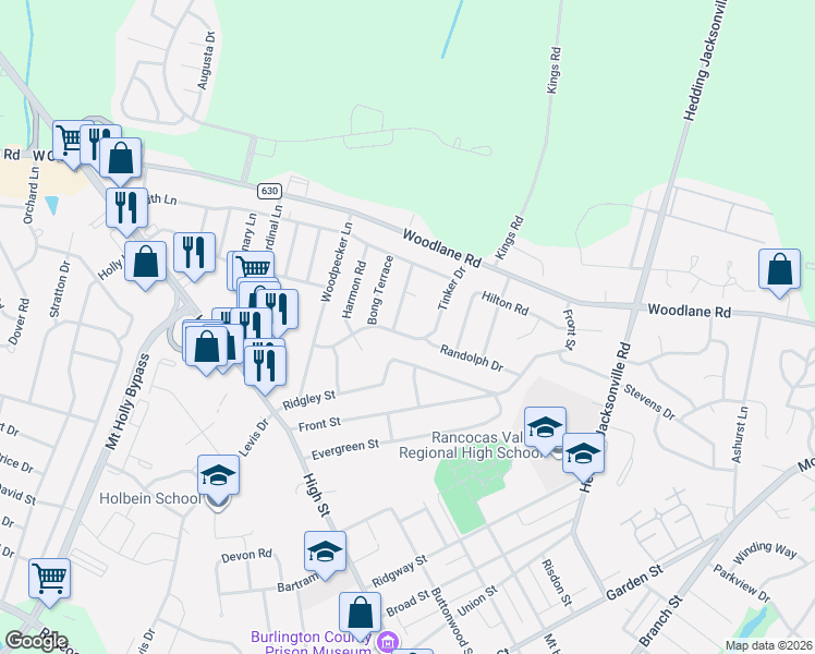 map of restaurants, bars, coffee shops, grocery stores, and more near 27 Tinker Drive in Mount Holly