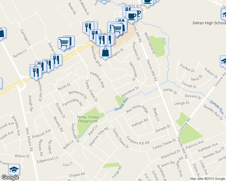 map of restaurants, bars, coffee shops, grocery stores, and more near 80 Princeton Drive in Delran