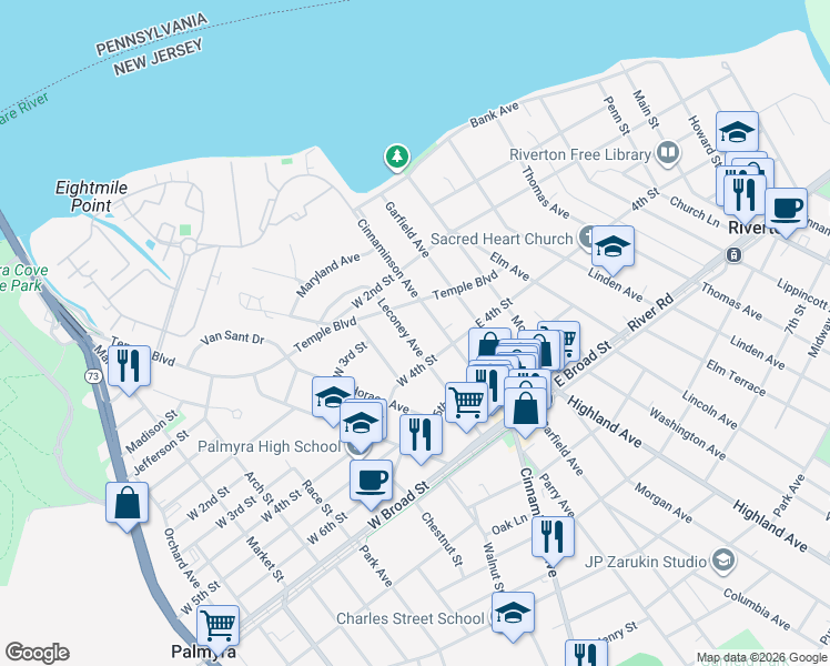 map of restaurants, bars, coffee shops, grocery stores, and more near 316 Leconey Avenue in Palmyra