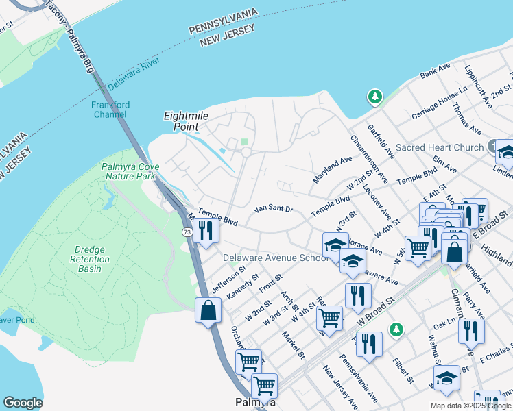 map of restaurants, bars, coffee shops, grocery stores, and more near 329 Van Sant Drive in Palmyra