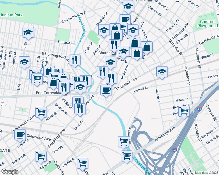 map of restaurants, bars, coffee shops, grocery stores, and more near 4108 Paul Street in Philadelphia