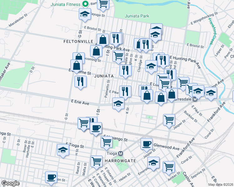 map of restaurants, bars, coffee shops, grocery stores, and more near 3850 Lawndale Street in Philadelphia