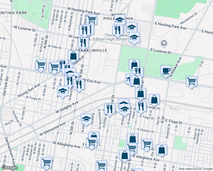 map of restaurants, bars, coffee shops, grocery stores, and more near 257 West Sedgley Avenue in Philadelphia