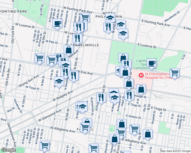 map of restaurants, bars, coffee shops, grocery stores, and more near 252 West Erie Avenue in Philadelphia