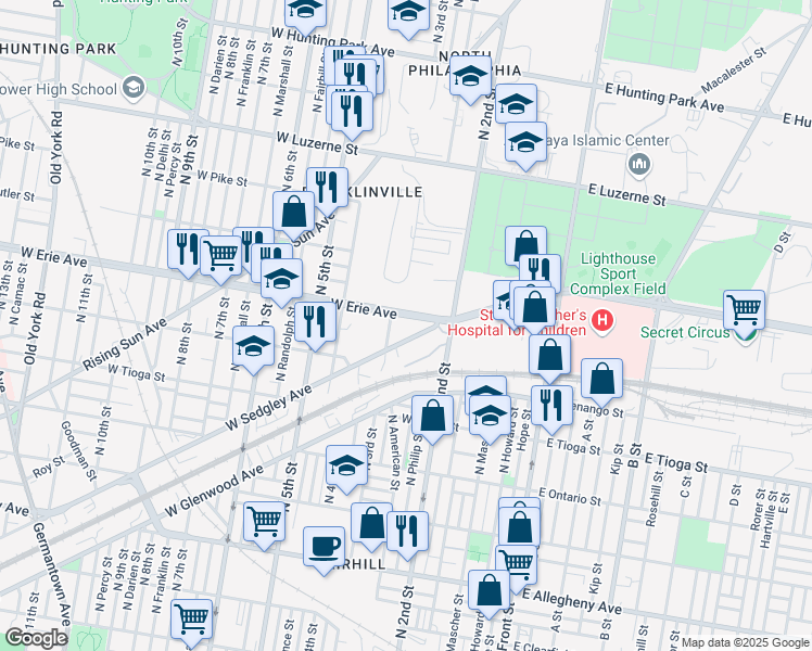 map of restaurants, bars, coffee shops, grocery stores, and more near 228 West Erie Avenue in Philadelphia