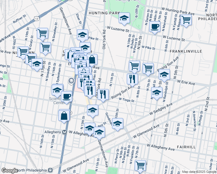 map of restaurants, bars, coffee shops, grocery stores, and more near 3541 North Marvine Street in Philadelphia