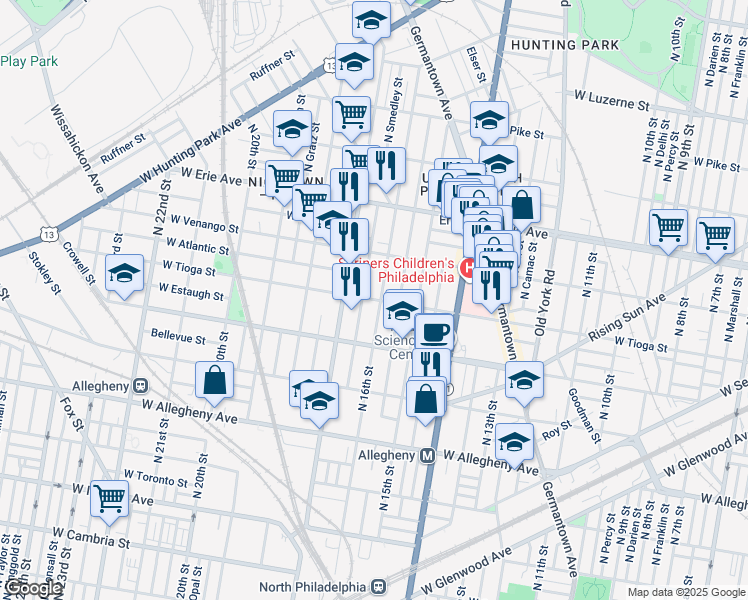 map of restaurants, bars, coffee shops, grocery stores, and more near 1614 West Tioga Street in Philadelphia