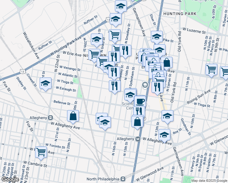 map of restaurants, bars, coffee shops, grocery stores, and more near 1614 West Tioga Street in Philadelphia