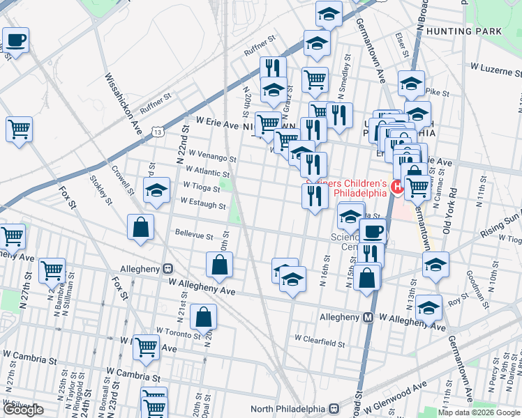 map of restaurants, bars, coffee shops, grocery stores, and more near 3434 North 18th Street in Philadelphia