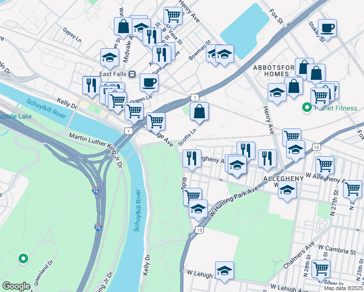 map of restaurants, bars, coffee shops, grocery stores, and more near 3533 West Allegheny Avenue in Philadelphia