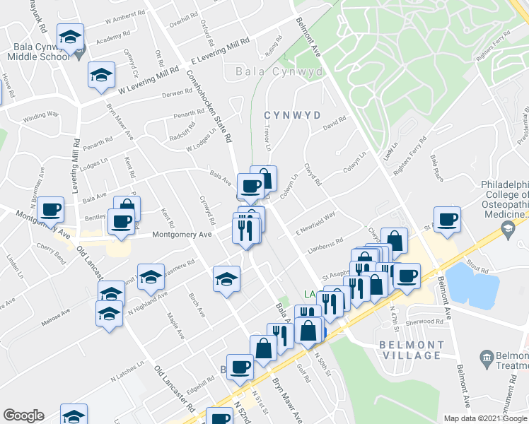map of restaurants, bars, coffee shops, grocery stores, and more near 206 Conshohocken State Road in Bala Cynwyd