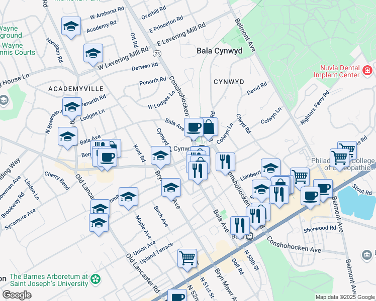 map of restaurants, bars, coffee shops, grocery stores, and more near in Bala Cynwyd