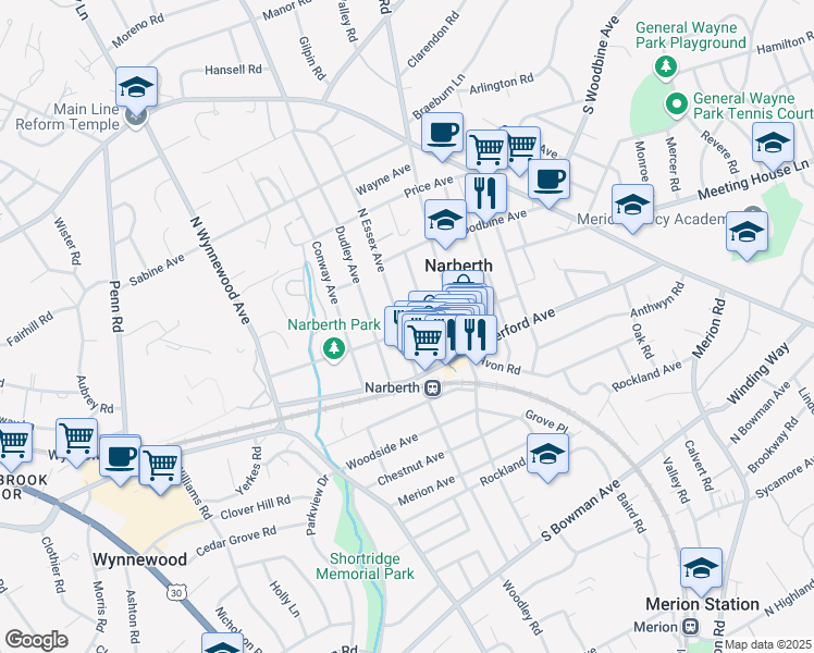 map of restaurants, bars, coffee shops, grocery stores, and more near 109 North Essex Avenue in Narberth