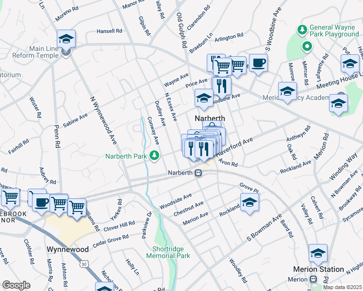map of restaurants, bars, coffee shops, grocery stores, and more near 125 Windsor Avenue in Narberth