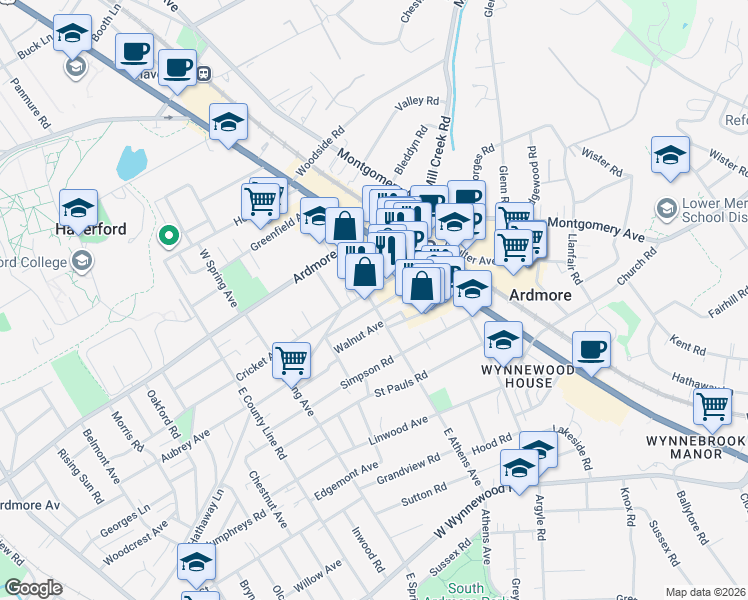 map of restaurants, bars, coffee shops, grocery stores, and more near 7 East Athens Avenue in Ardmore