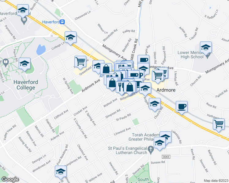 map of restaurants, bars, coffee shops, grocery stores, and more near 7 East Athens Avenue in Ardmore