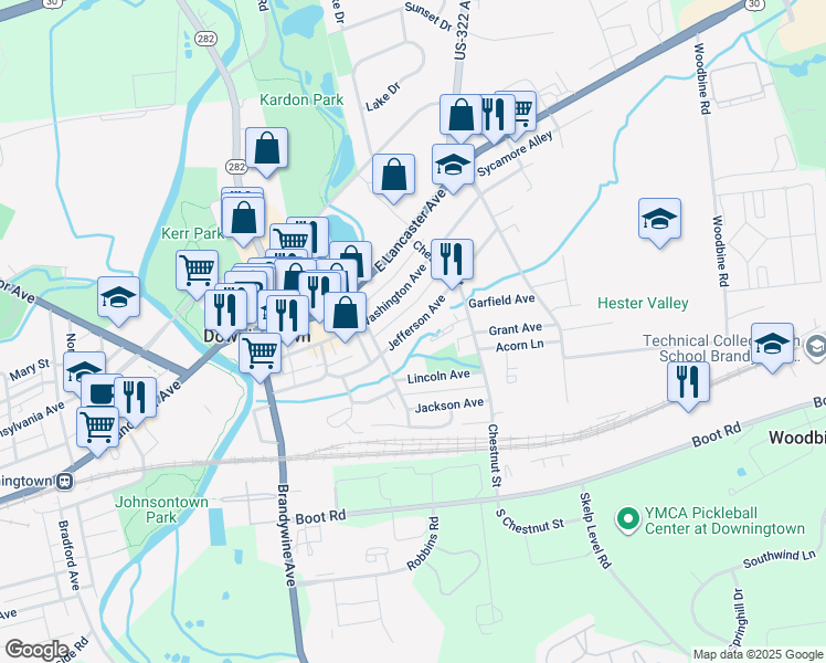 map of restaurants, bars, coffee shops, grocery stores, and more near 332 Jefferson Avenue in Downingtown