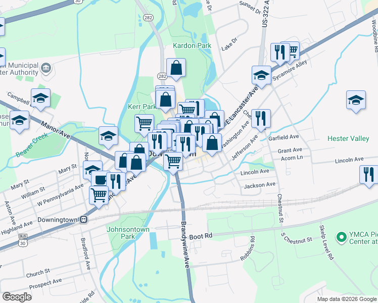 map of restaurants, bars, coffee shops, grocery stores, and more near 6 Wood Alley in Downingtown
